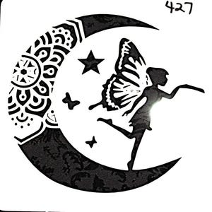 pochoir artisanal n° 427 fée et lune 4 1/2 x 4 1/2 peinture, carte de voeux, scrapbooking, image