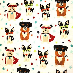 SUPERDOGS#35 to the rescue!  dogs in capes and mask cotton fabric quilting, sewing, kids shirt, colorful stars patterned fabric 1 yard