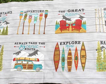 May include: A light gray fabric with various outdoor-themed designs. The designs include text like "The Mountains are Calling" and "Explore More", along with illustrations of canoes, paddles, and a vintage car with a canoe on top.