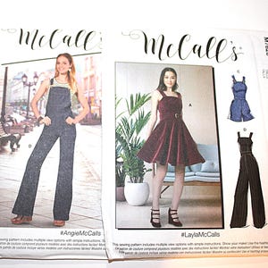May include: Two McCall's sewing pattern envelopes. One features a woman in denim overalls, the other a burgundy dress. The patterns include multiple view options with simple instructions. The size range is 06 (12-14-16-18-20).