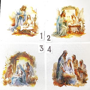 Puede incluir: Cuatro ilustraciones en acuarela que representan escenas de la Natividad. Cada imagen presenta figuras con túnicas fluidas, con iluminación suave y colores cálidos. Las escenas incluyen a Jesús, María, José, ángeles y animales.