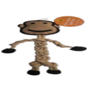 May include: A brown rope monkey toy with a black outline around the face and black feet and hands. The body is made of braided rope. An orange tag is attached to the top of the monkey's head.