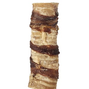 May include: A cylindrical dog chew treat, featuring a light tan base wrapped with dark brown strips. The texture appears rough and natural, suggesting a long-lasting chew for pets.