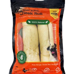 May include: A package of Water Buffalo Cheek Rolls for dogs. The clear plastic bag contains two light-colored, cylindrical dog chews. The packaging includes text that reads "100% Natural" and "Free Range, Grass Fed, Easy Digest."