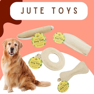 May include: A set of four natural jute dog toys. The toys include a bone, a ring, and two long ropes. The toys are all made of natural jute and are designed to be durable and safe for dogs. The toys are shown on a pink background with a golden retriever dog sitting in the foreground.
