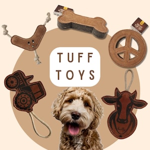 TUFF TOYS Leather Dog Toys made of Durable water buffalo leather and wool. Great for rough and tough chewers.