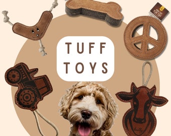 TUFF TOYS Leather Dog Toys made of Durable water buffalo leather and wool. Great for rough and tough chewers.