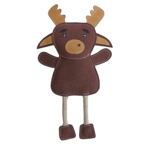 May include: Brown plush reindeer toy with long rope legs and a stitched-on face. The reindeer has brown felt antlers and a tan felt nose.