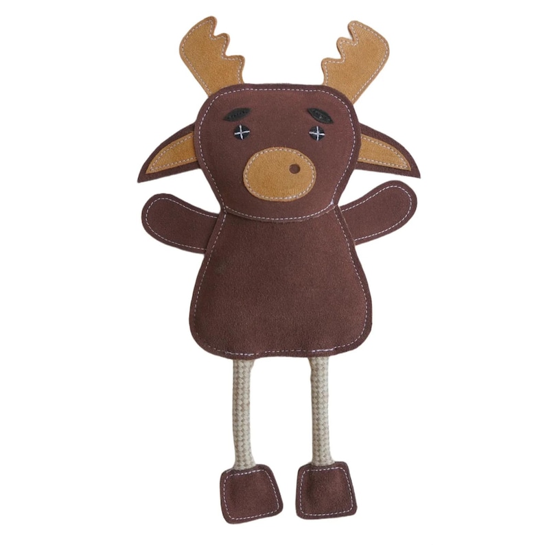 May include: Brown plush reindeer toy with long rope legs and a stitched-on face. The reindeer has brown felt antlers and a tan felt nose.