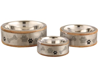 Comedero moderno de madera y metal para perros, de acero inoxidable plateado con diseño de pata. Elegante comedero antideslizante, fácil de limpiar, para comida y agua.