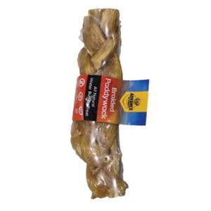 May include: A braided dog chew made from water buffalo, wrapped in clear plastic. The product has a red and blue label that reads "Braided Paddywack" and "All Natural Water Buffalo Treat". The label also features the brand name "Advance".