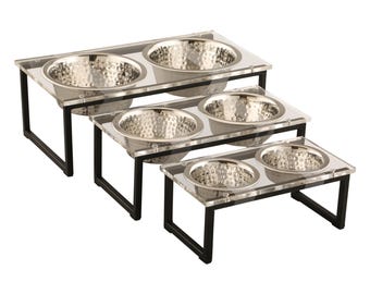 Acrylic Elevated Double Dog Bowl Stand – Clear, Stylish Raised Feeder with 2 Stainless Steel Bowls | Modern Dog Feeding Station