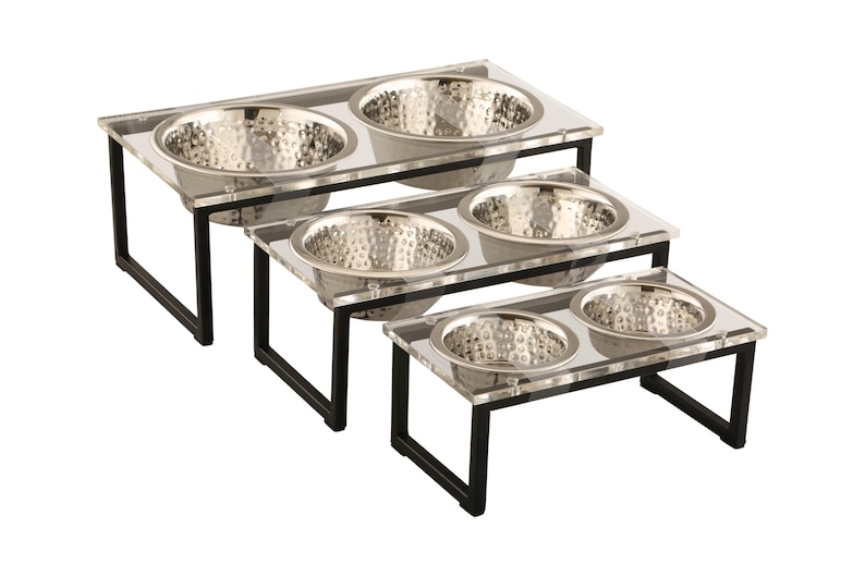 Puede incluir: Tres cuencos elevados para comida y agua para mascotas. Los cuencos est&aacute;n hechos de acero inoxidable y est&aacute;n colocados en plataformas de acr&iacute;lico transparente con marcos de metal negro.