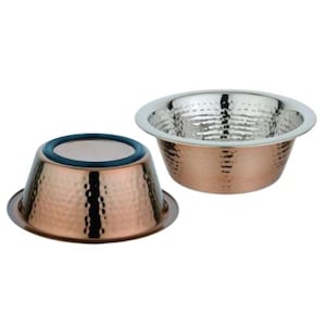May include: Two copper-colored metal bowls with a hammered texture. One bowl is upright, and the other is inverted, revealing a dark blue rim. The bowls have a silver-colored rim and interior.