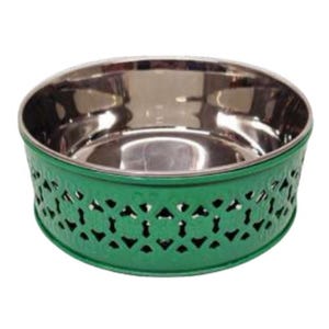 May include: A stainless steel pet bowl with a vibrant green, decorative outer band. The band features a repeating pattern of cut-out shapes. The bowl's interior is a shiny, reflective silver.