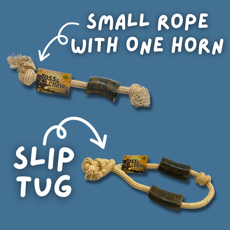 May include: A brown and tan rope dog toy with a brown rubber horn. The rope is knotted at both ends and has a label that says "Toss & Chew". The toy is described as a "small rope with one horn" and a "slip tug".
