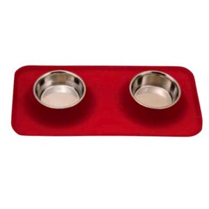 May include: A red pet feeding mat with two stainless steel bowls. The bowls are round and sit side-by-side on the rectangular mat. The mat is a solid, vibrant red colour.