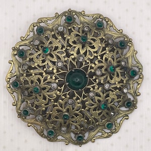 Vintage Czech filigree emerald rhinestone Brooch