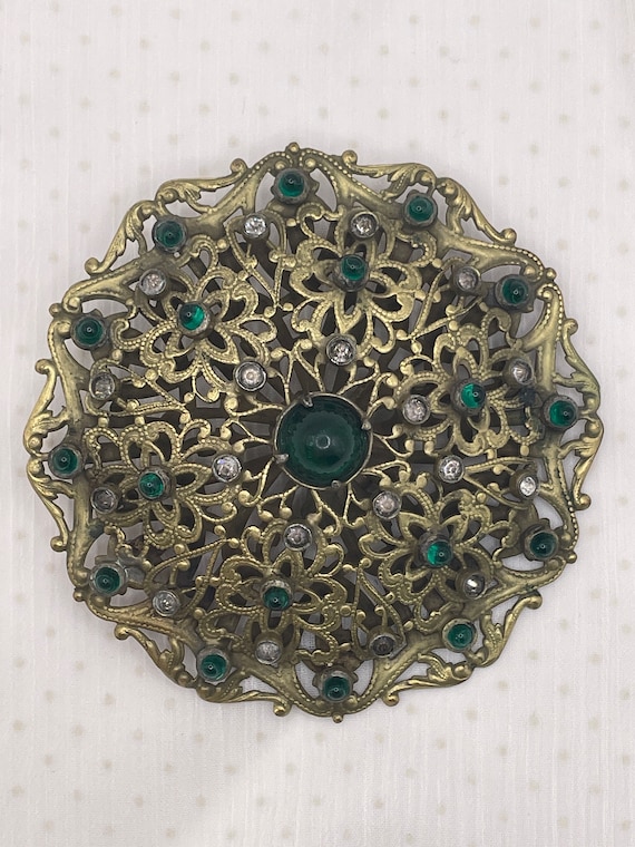 Vintage Czech filigree emerald rhinestone Brooch