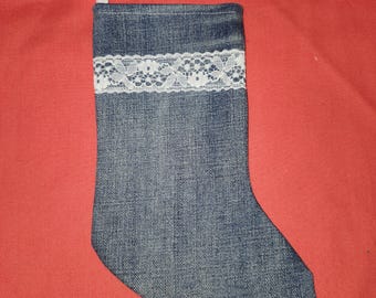 Christmas Stocking Small 9.5" Blue Jean Denim and Lace  - Lined - Upcycled