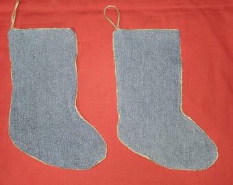 Christmas Stocking Small 9.5" Blue Jean Denim with Jute Cording Set of 2 - Lined - Upcycled