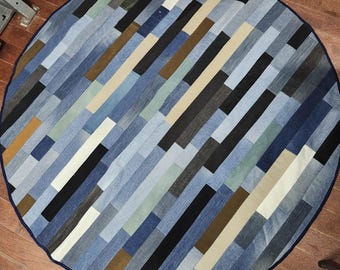 Denim and Canvas Throw Rug Pet Mat Denim Decor Patchwork Multi Colored/Binding & Lined 60" Round Upcycled Zero Waste Eco Friendly