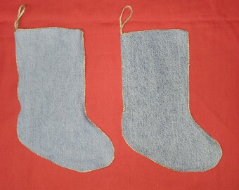 Christmas Stocking Small 9.5" Blue Jean Denim with Jute Cording Set of 2 - Lined - Upcycled