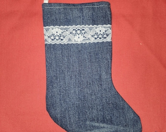 Christmas Stocking Small 9.5" Blue Jean Denim and Lace  - Lined - Upcycled