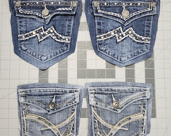 Denim Jean Fancy Embroidered Pockets with Backing For Quilting Crafts Lot of 4 salvaged upcycled