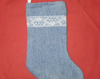 Christmas Stocking Small 9.5" Blue Jean Denim and Lace  - Lined - Upcycled