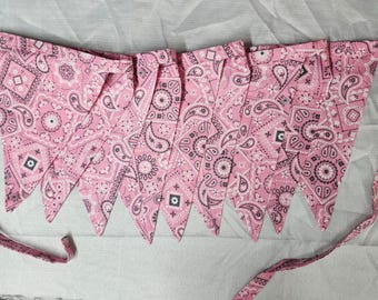 Bunting Flags 9 Flags- 6' Pink Bandana Print Wedding Bridal Decor Birthday Event Baby Shower Mother's Day Anniversary Cowgirl Western Decor