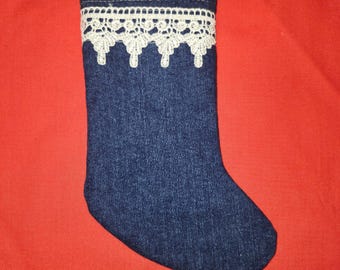 Christmas Stocking Small 9.5" Blue Jean Denim and Lace  - Lined - Upcycled