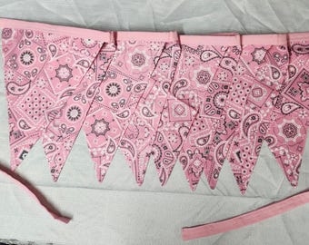 Bunting Flags 9 Flags- 6' Pink Bandana Print Wedding Bridal Decor Birthday Event Baby Shower Mother's Day Anniversary Cowgirl Western Decor
