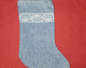 Christmas Stocking Small 9.5" Blue Jean Denim and Lace  - Lined - Upcycled