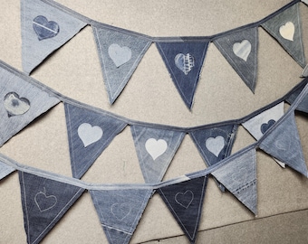 Bunting Flags 9 Flags 6' Blue Jean Denim Hearts Valentines Wedding Bridal Decor Birthday Event Baby Shower Fathers Day Anniversary Denim Dec