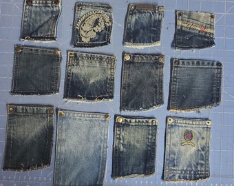 Denim Blue Jean Coin Pockets with Backing For Quilting Crafts Lot of 12 - upcycled