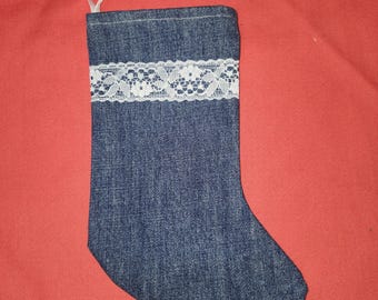 Christmas Stocking Small 9.5" Blue Jean Denim and Lace  - Lined - Upcycled