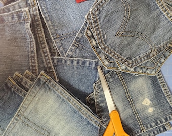 Denim Blue Jean Back Pockets with Backing For Quilting Crafts Denim Decor Wedding Birthday Fathers Day Table Setting-Lot of 30 - upcycled