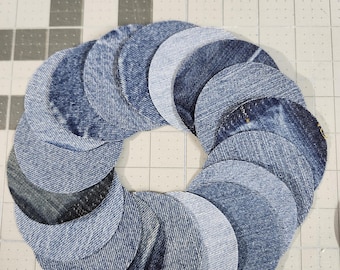 Denim Blue Jean Fabric Die Cut Circles Round 3" Lot of 50 Cut Quilting, Crafts, Repairs, Embroideries, Patches, Denim Decor, Junk Journal JJ