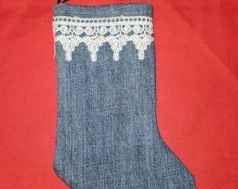 Christmas Stocking Small 9.5" Blue Jean Denim and Lace  - Lined - Upcycled