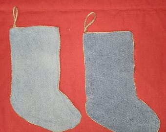 Christmas Stocking Small 9.5" Blue Jean Denim with Jute Cording Set of 2 - Lined - Upcycled
