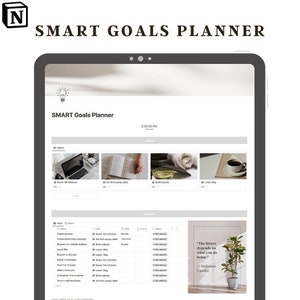 May include: A screenshot of a digital planner app on a tablet. The app is called "SMART Goals Planner" and has a light gray background. The app has a section for goals and a section for actions. The goals section has four images representing different goals. The actions section has a list of tasks with checkboxes to mark them as completed. The app also has a quote by Mahatma Gandhi that says "The future depends on what you do today."