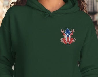 Puerto Rican Flag Coqui Frog  Embroidered Unisex Hoodie Hoodie, Taino Pride Apparel, Cotton Blend Shirt, Puerto Rico Gift