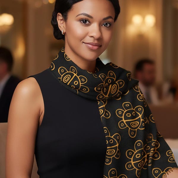 May include: A woman wearing a black dress and a black scarf with a gold pattern, seated at a table in a restaurant. The scarf features a repeating design of stylized sun-like figures. A wine glass sits on the table.