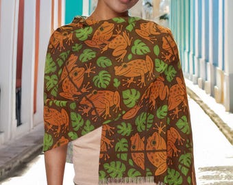 Puerto Rican Cocqi Frog Light Scarf, Beautiful Green Brown Pattern Taino Symbols, Spring Summer Wrap Shawl, Lightweight Scarf Wrap Accessory