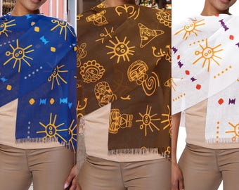 Taino Symbol Sun Light Scarf, Puerto Rican Pride, Unique Patterned Scarf, Lightweight Wrap, Tribal Design Accesory