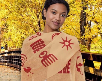 Adinkra Symbol Light Scarf, Beautiful Pattern Scarf with West African Ghanaian Symbols