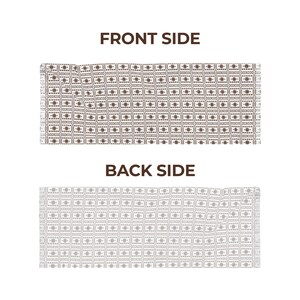 Peut inclure: Un textile rectangulaire avec les textes "FRONT SIDE" et "BACK SIDE". Le recto pr&eacute;sente un motif g&eacute;om&eacute;trique r&eacute;p&eacute;titif marron et blanc. Le verso a un motif similaire, mais plus clair. Le textile a un bord frang&eacute;.