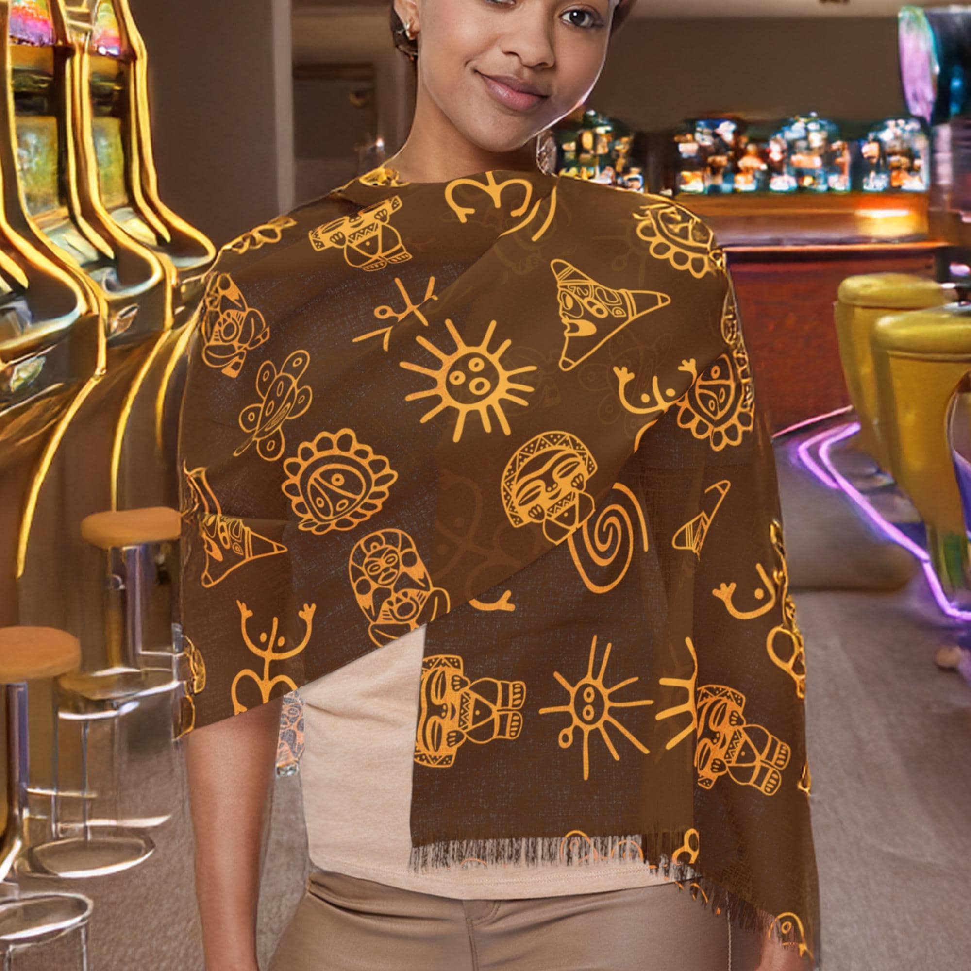 Taino Symbol Light Scarf, Puerto Rican Pride Accessories, Spring Summer Neck Wrap, Taino Glyphs, Brown and Gold Scarf, Great Birthday Gift