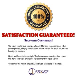 Peut inclure: Un badge circulaire dor&eacute; et noir avec le texte "100% Satisfaction Garantie" et les mots "Satisfaction Garantie ! Achetez en toute confiance !" en rouge et bleu. L'image comprend &eacute;galement du texte sur les retours et les &eacute;changes.